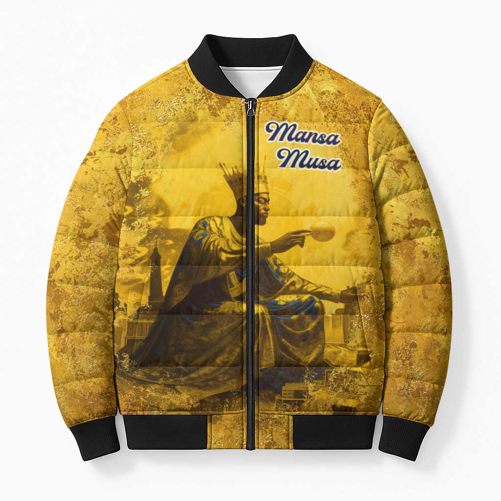 Mansa Musa Bomber Puffer Jacket Golden Legacy Theme Ancient Map Regal Portrait of Mali Emperor Timbuktu - African Pride