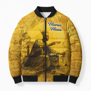 Mansa Musa Bomber Puffer Jacket Golden Legacy Theme Ancient Map Regal Portrait of Mali Emperor Timbuktu - African Pride