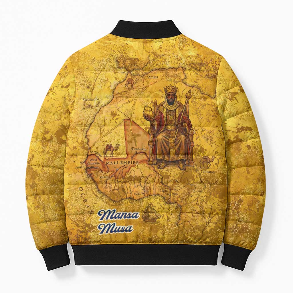 Mansa Musa Bomber Puffer Jacket Golden Legacy Theme Ancient Map Regal Portrait of Mali Emperor Timbuktu - African Pride