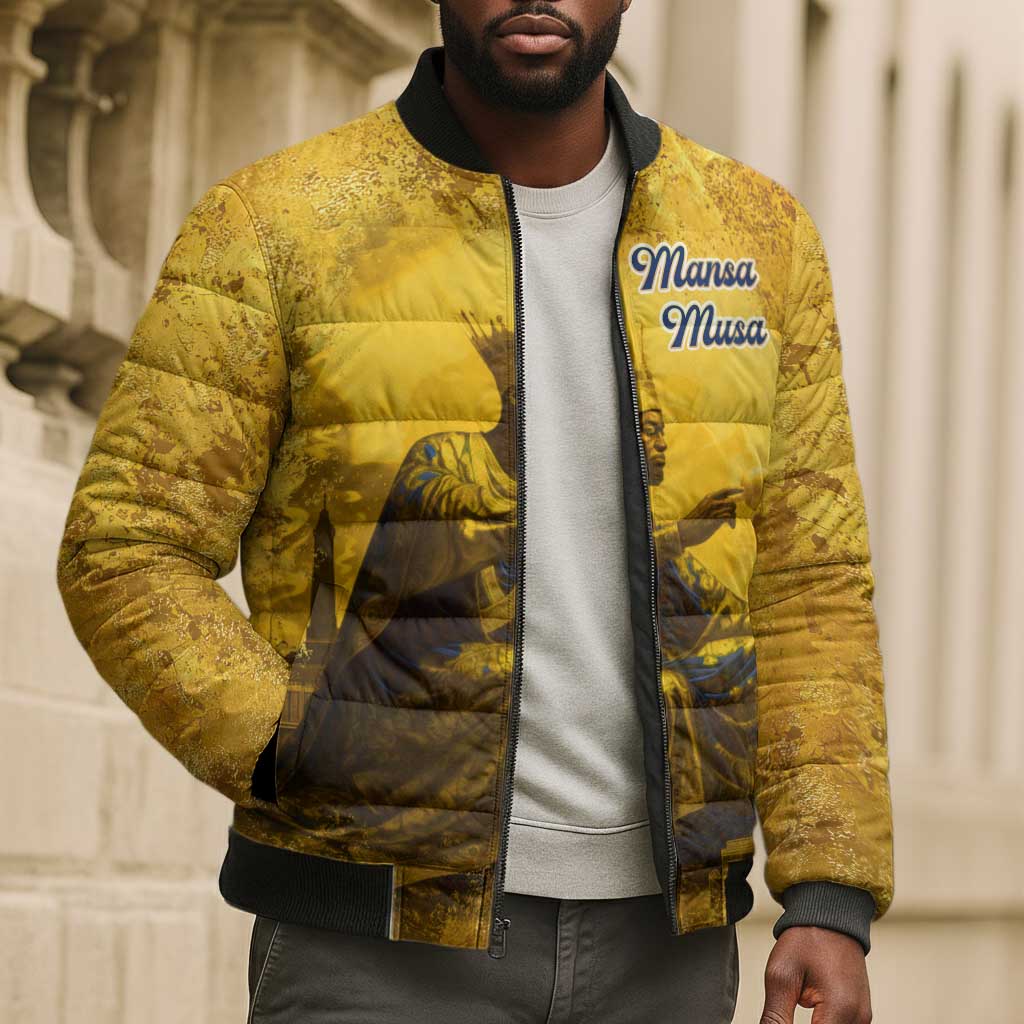 Mansa Musa Bomber Puffer Jacket Golden Legacy Theme Ancient Map Regal Portrait of Mali Emperor Timbuktu - African Pride