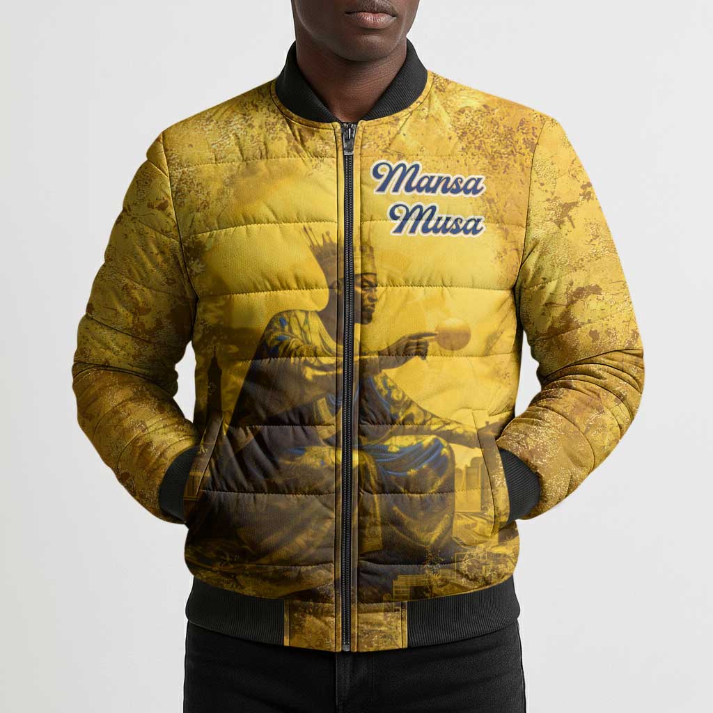 Mansa Musa Bomber Puffer Jacket Golden Legacy Theme Ancient Map Regal Portrait of Mali Emperor Timbuktu - African Pride