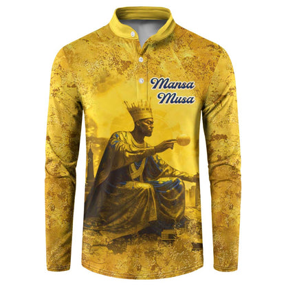 Mansa Musa Button Sweatshirt Golden Legacy Theme Ancient Map Regal Portrait of Mali Emperor Timbuktu