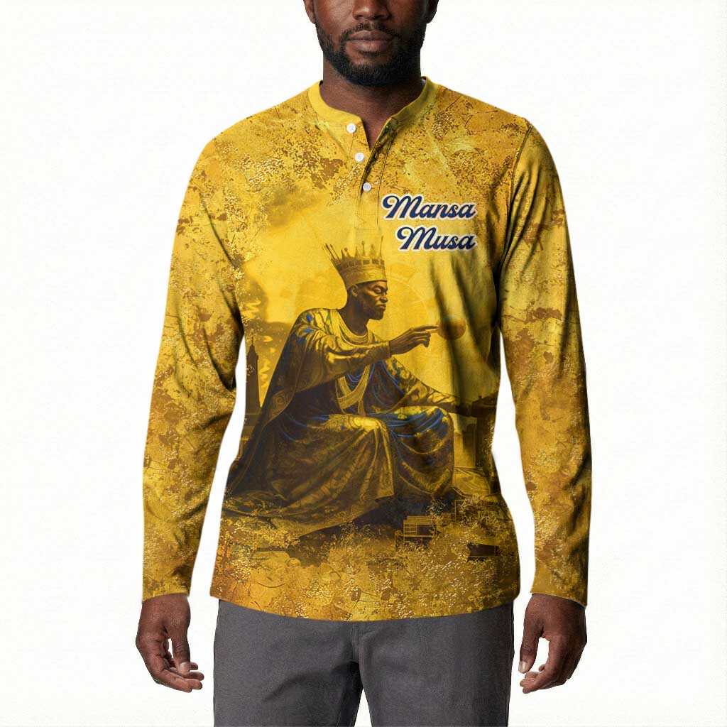 Mansa Musa Button Sweatshirt Golden Legacy Theme Ancient Map Regal Portrait of Mali Emperor Timbuktu