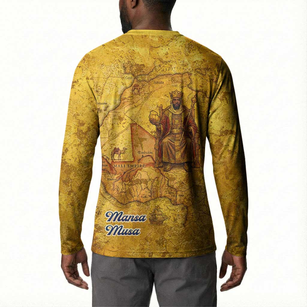 Mansa Musa Button Sweatshirt Golden Legacy Theme Ancient Map Regal Portrait of Mali Emperor Timbuktu