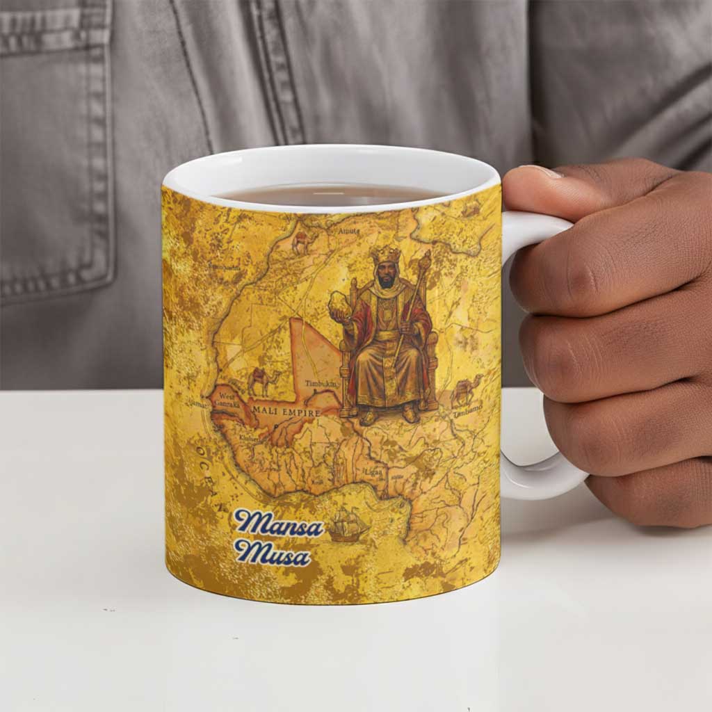 Mansa Musa Ceramic Mug Golden Legacy Theme Ancient Map Regal Portrait of Mali Emperor Timbuktu - African Pride