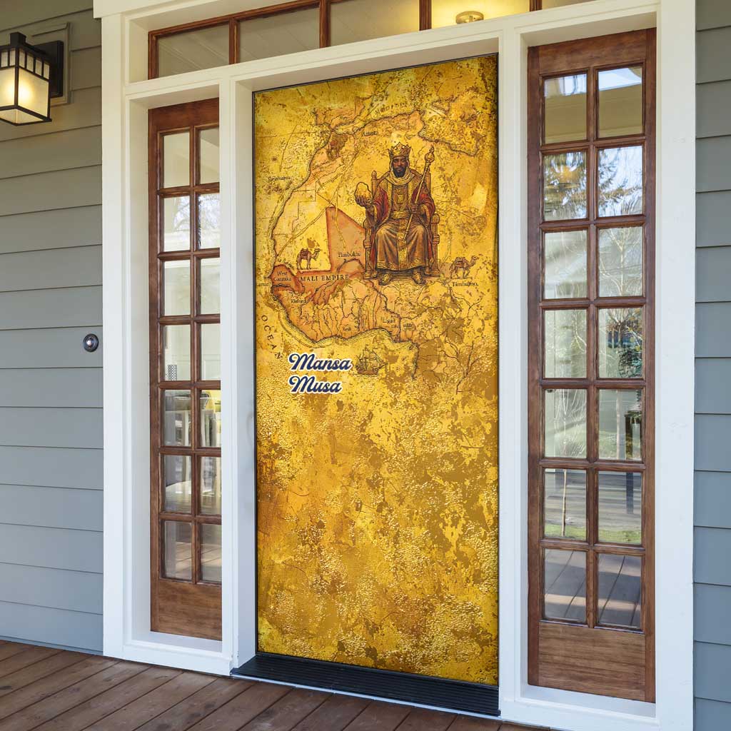 Mansa Musa Door Cover Golden Legacy Theme Ancient Map Regal Portrait of Mali Emperor Timbuktu - African Pride
