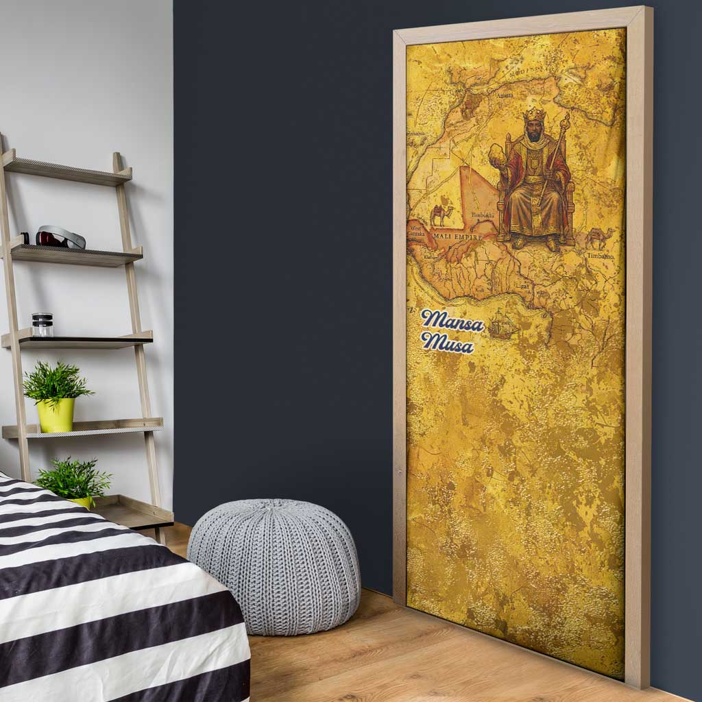 Mansa Musa Door Cover Golden Legacy Theme Ancient Map Regal Portrait of Mali Emperor Timbuktu - African Pride