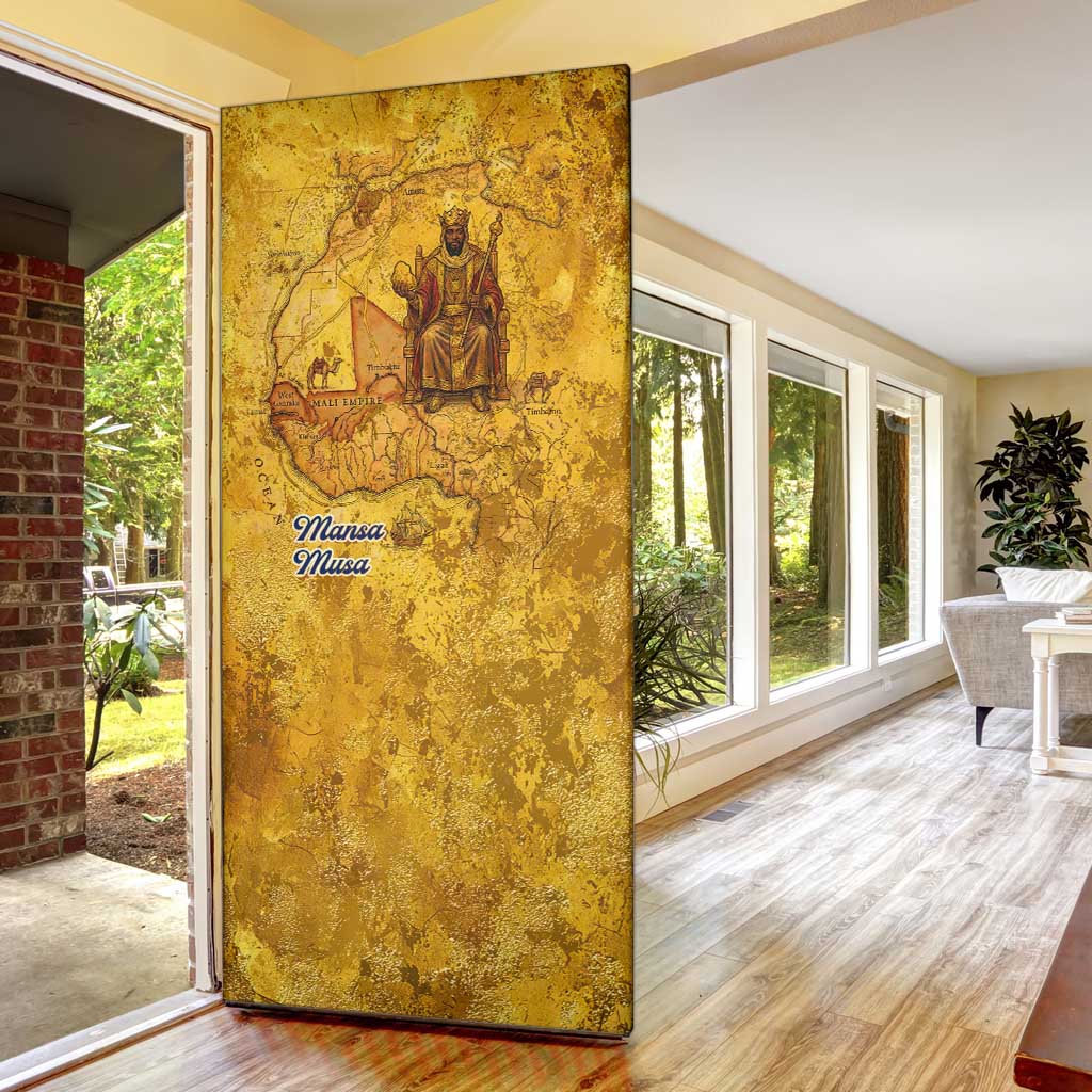 Mansa Musa Door Cover Golden Legacy Theme Ancient Map Regal Portrait of Mali Emperor Timbuktu - African Pride