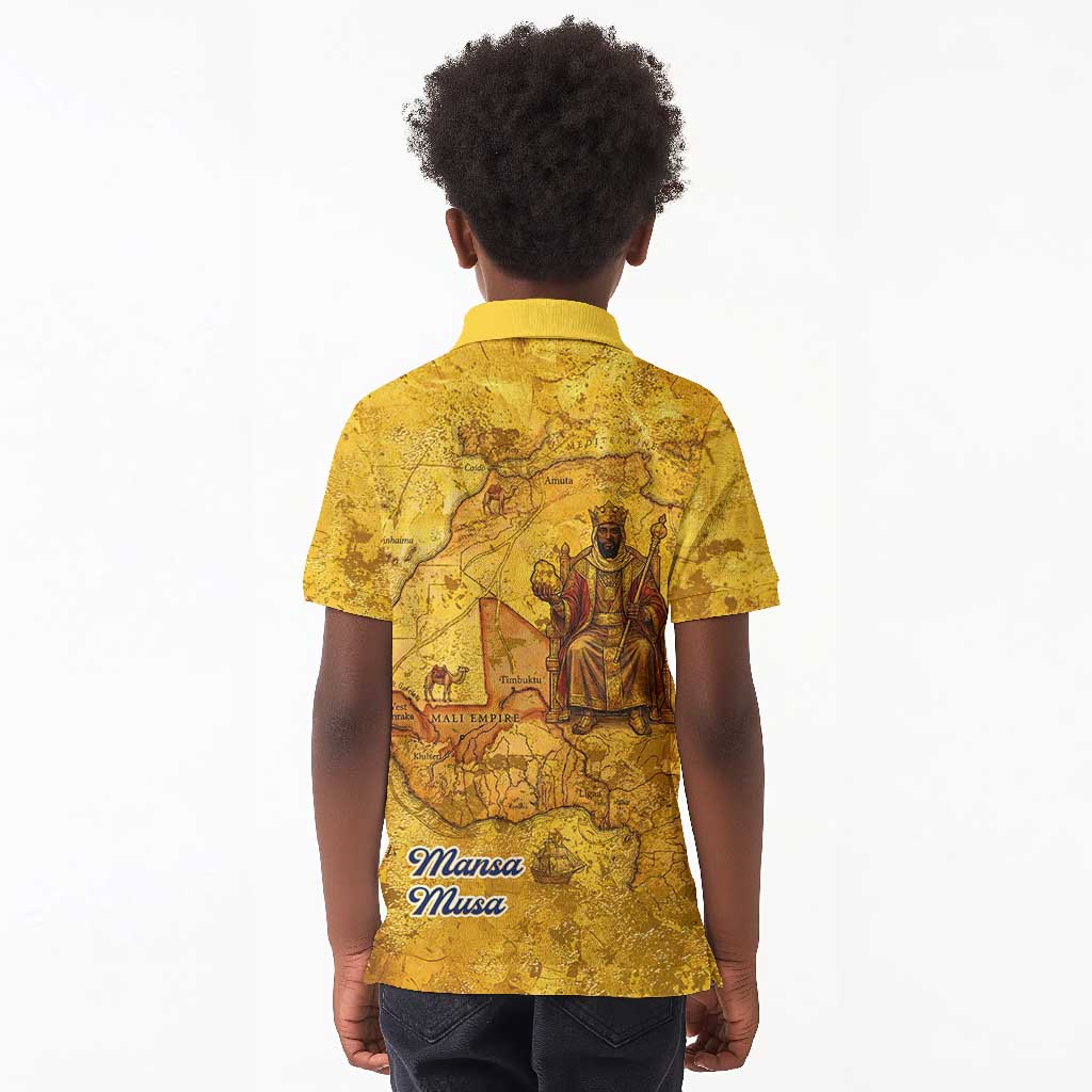 Mansa Musa Kid Polo Shirt Golden Legacy Theme Ancient Map Regal Portrait of Mali Emperor Timbuktu - African Pride