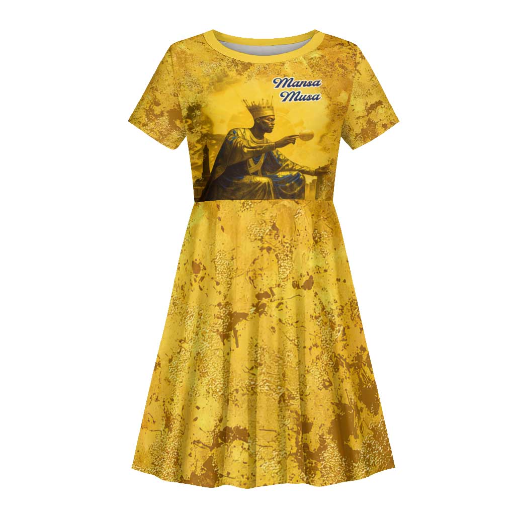 Mansa Musa Kid Short Sleeve Dress Golden Legacy Theme Ancient Map Regal Portrait of Mali Emperor Timbuktu - African Pride