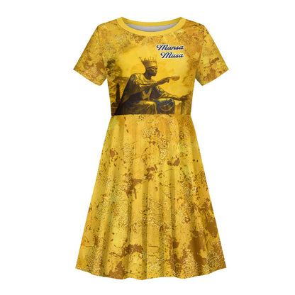 Mansa Musa Kid Short Sleeve Dress Golden Legacy Theme Ancient Map Regal Portrait of Mali Emperor Timbuktu - African Pride