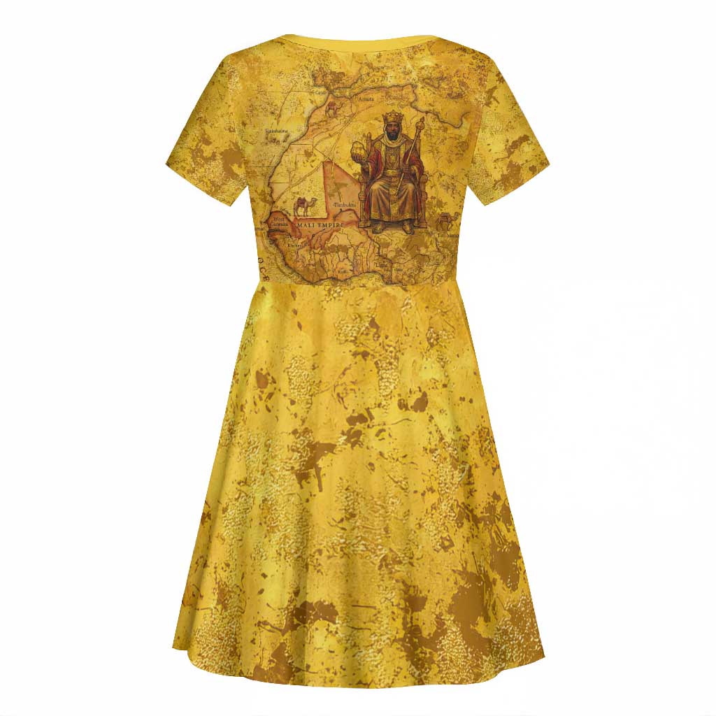 Mansa Musa Kid Short Sleeve Dress Golden Legacy Theme Ancient Map Regal Portrait of Mali Emperor Timbuktu - African Pride