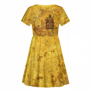 Mansa Musa Kid Short Sleeve Dress Golden Legacy Theme Ancient Map Regal Portrait of Mali Emperor Timbuktu - African Pride