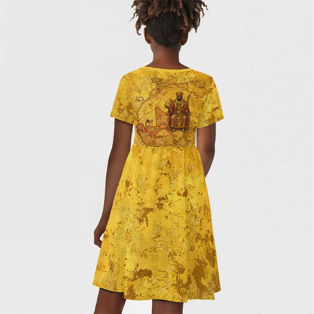 Mansa Musa Kid Short Sleeve Dress Golden Legacy Theme Ancient Map Regal Portrait of Mali Emperor Timbuktu - African Pride