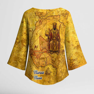 Mansa Musa Kimono Sleeve Blouse Golden Legacy Theme Ancient Map Regal Portrait of Mali Emperor Timbuktu - African Pride