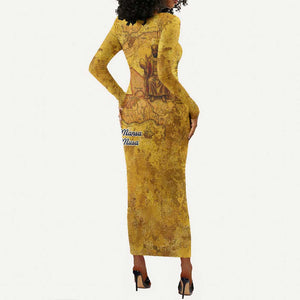 Mansa Musa Long Sleeve Bodycon Dress Golden Legacy Theme Ancient Map Regal Portrait of Mali Emperor Timbuktu - African Pride