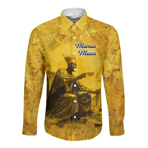 Mansa Musa Long Sleeve Button Shirt Golden Legacy Theme Ancient Map Regal Portrait of Mali Emperor Timbuktu - African Pride