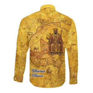 Mansa Musa Long Sleeve Button Shirt Golden Legacy Theme Ancient Map Regal Portrait of Mali Emperor Timbuktu - African Pride