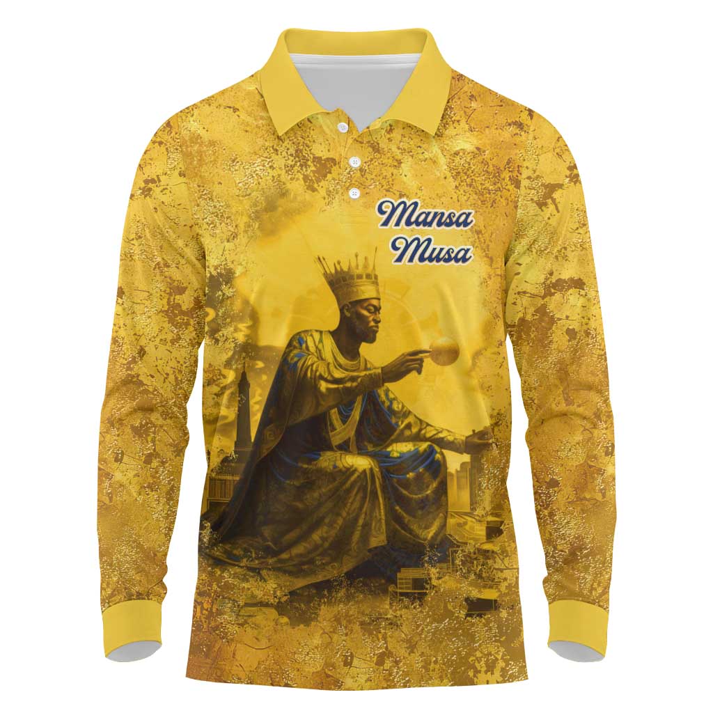 Mansa Musa Long Sleeve Polo Shirt Golden Legacy Theme Ancient Map Regal Portrait of Mali Emperor Timbuktu - African Pride