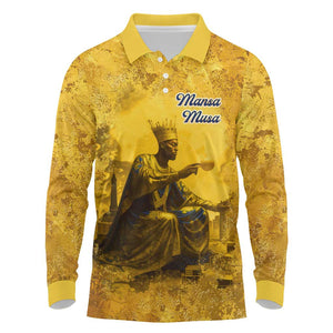 Mansa Musa Long Sleeve Polo Shirt Golden Legacy Theme Ancient Map Regal Portrait of Mali Emperor Timbuktu - African Pride