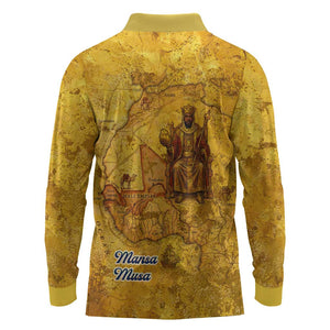 Mansa Musa Long Sleeve Polo Shirt Golden Legacy Theme Ancient Map Regal Portrait of Mali Emperor Timbuktu - African Pride