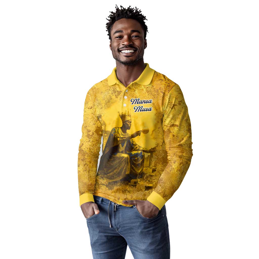Mansa Musa Long Sleeve Polo Shirt Golden Legacy Theme Ancient Map Regal Portrait of Mali Emperor Timbuktu - African Pride
