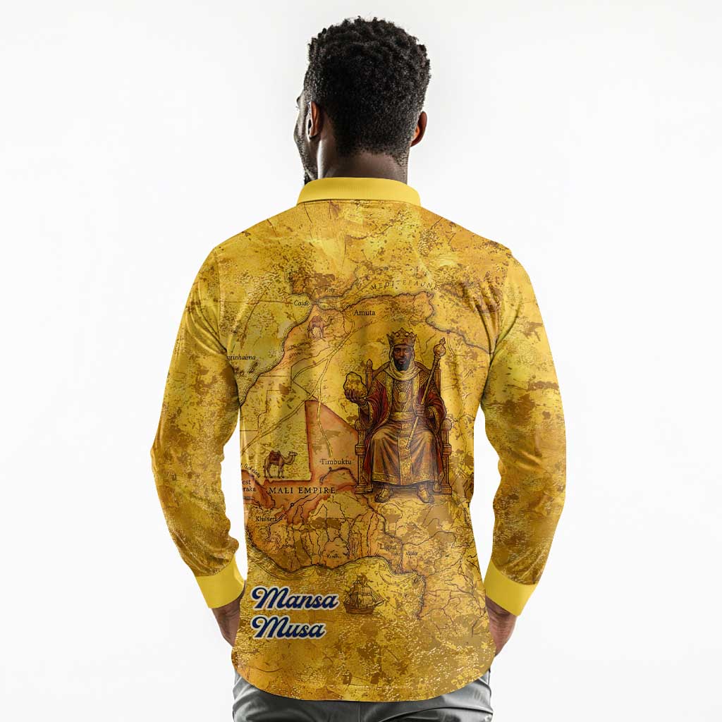 Mansa Musa Long Sleeve Polo Shirt Golden Legacy Theme Ancient Map Regal Portrait of Mali Emperor Timbuktu - African Pride