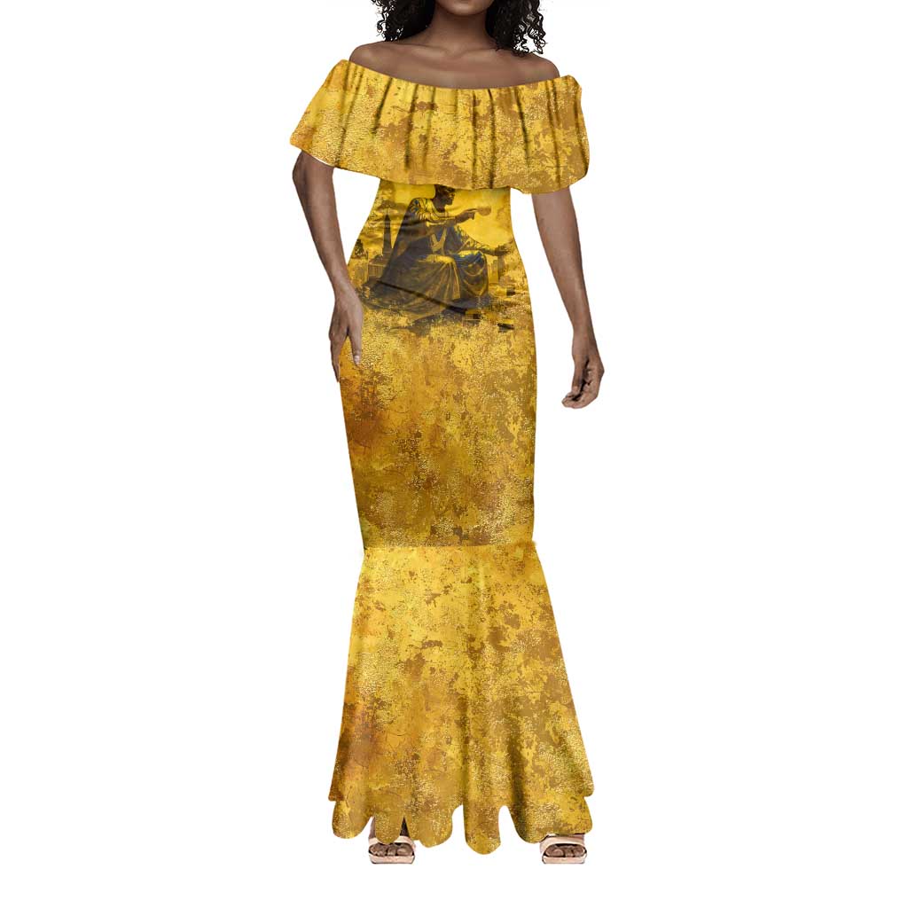 Mansa Musa Mermaid Dress Golden Legacy Theme Ancient Map Regal Portrait of Mali Emperor Timbuktu - African Pride