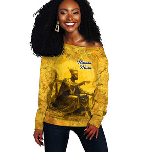 Mansa Musa Off Shoulder Sweater Golden Legacy Theme Ancient Map Regal Portrait of Mali Emperor Timbuktu - African Pride