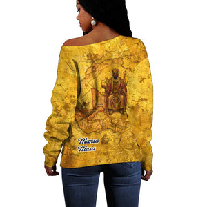 Mansa Musa Off Shoulder Sweater Golden Legacy Theme Ancient Map Regal Portrait of Mali Emperor Timbuktu - African Pride