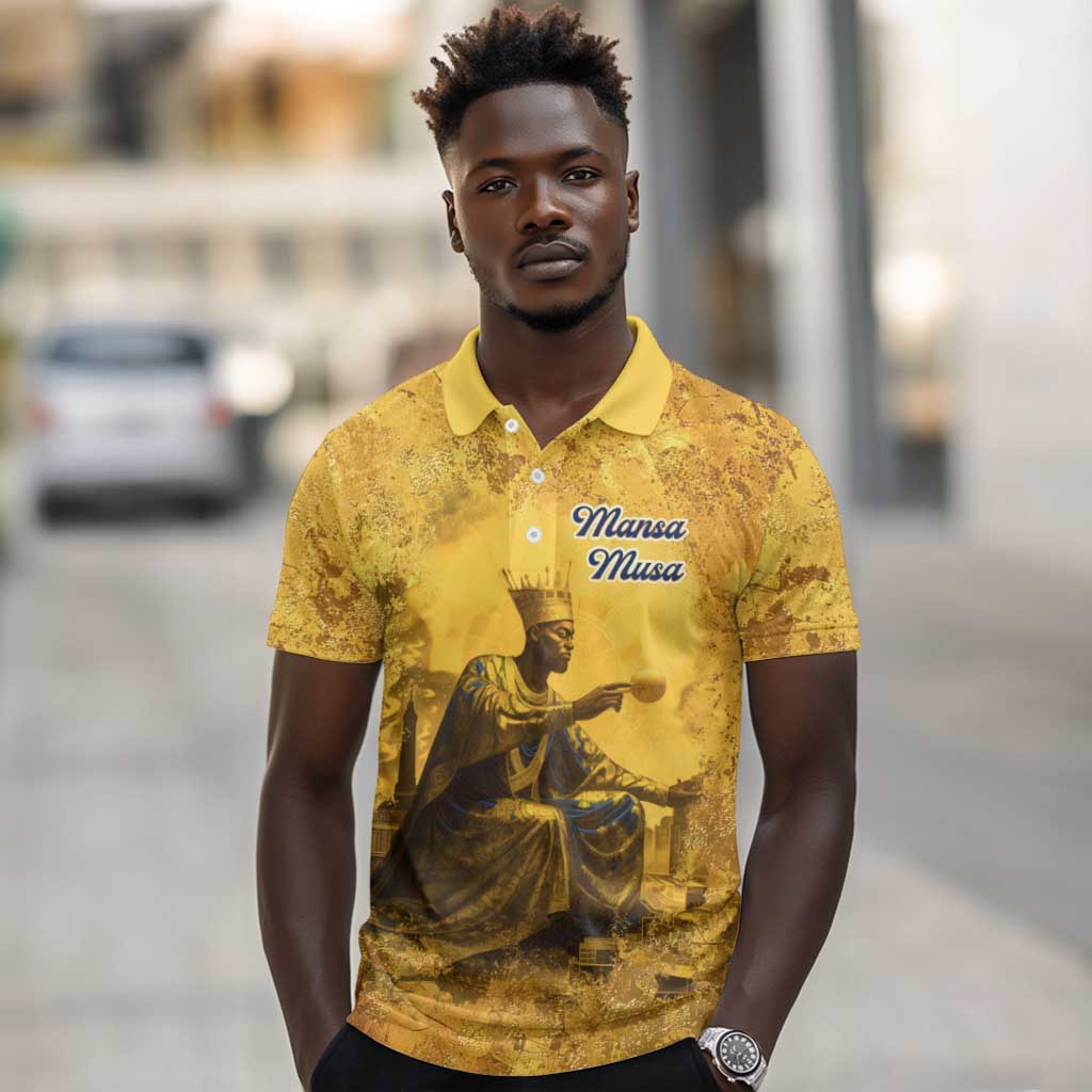 Mansa Musa Polo Shirt Golden Legacy Theme Ancient Map Regal Portrait of Mali Emperor Timbuktu - African Pride