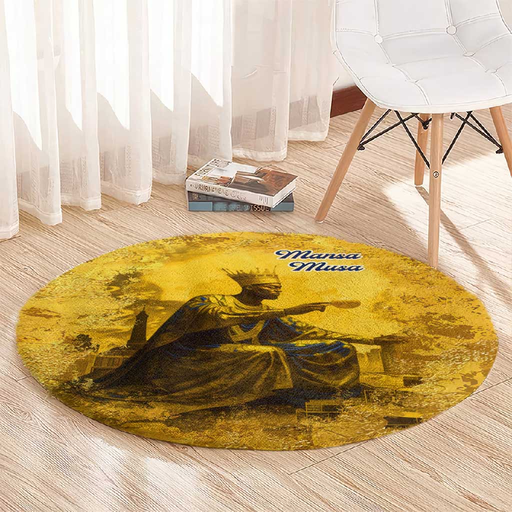 Mansa Musa Round Carpet Golden Legacy Theme Ancient Map Regal Portrait of Mali Emperor Timbuktu - African Pride