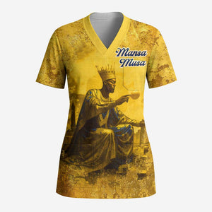 Mansa Musa Scrub Top Golden Legacy Theme Ancient Map Regal Portrait of Mali Emperor Timbuktu - African Pride