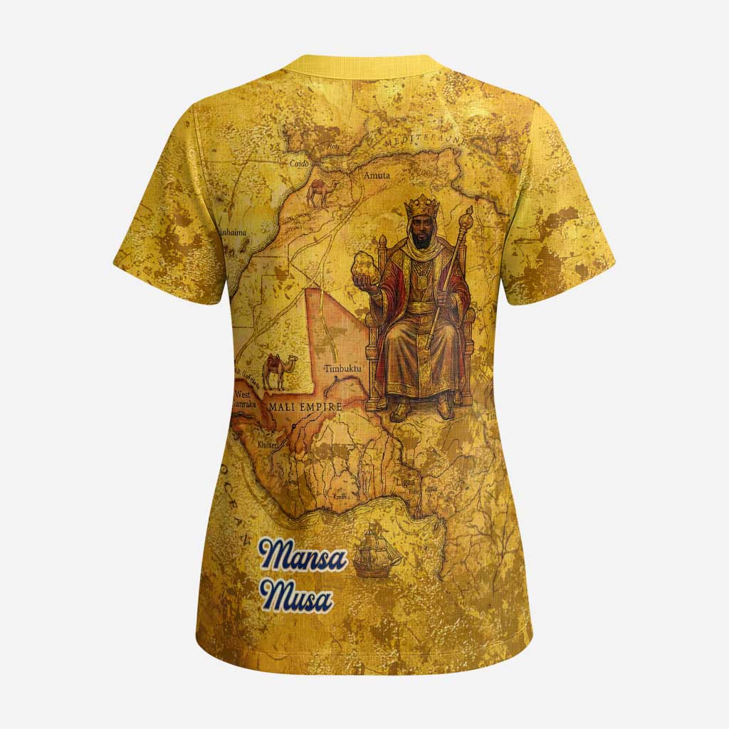 Mansa Musa Scrub Top Golden Legacy Theme Ancient Map Regal Portrait of Mali Emperor Timbuktu - African Pride