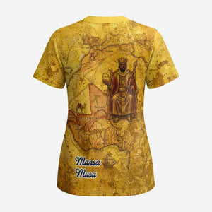 Mansa Musa Scrub Top Golden Legacy Theme Ancient Map Regal Portrait of Mali Emperor Timbuktu - African Pride