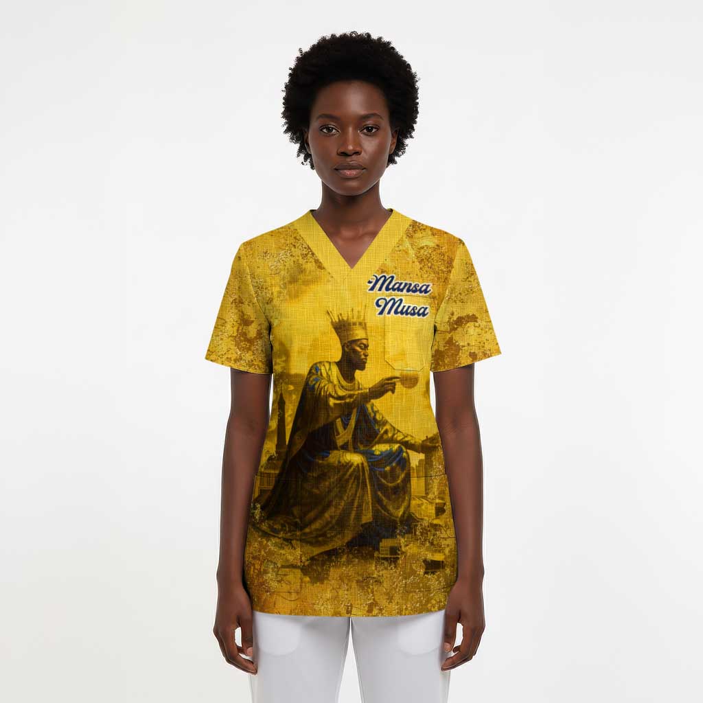Mansa Musa Scrub Top Golden Legacy Theme Ancient Map Regal Portrait of Mali Emperor Timbuktu - African Pride