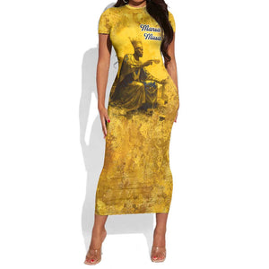 Mansa Musa Short Sleeve Bodycon Dress Golden Legacy Theme Ancient Map Regal Portrait of Mali Emperor Timbuktu - African Pride