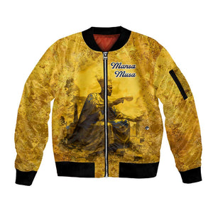 Mansa Musa Sleeve Zip Bomber Jacket Golden Legacy Theme Ancient Map Regal Portrait of Mali Emperor Timbuktu - African Pride