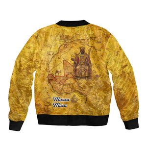 Mansa Musa Sleeve Zip Bomber Jacket Golden Legacy Theme Ancient Map Regal Portrait of Mali Emperor Timbuktu - African Pride