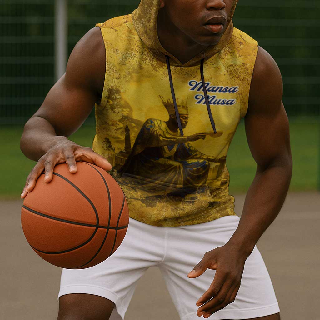 Mansa Musa Sleeveless Hoodie Golden Legacy Theme Ancient Map Regal Portrait of Mali Emperor Timbuktu - African Pride