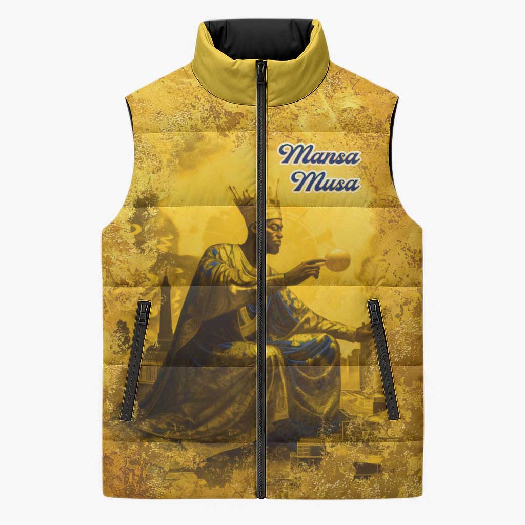 Mansa Musa Sleeveless Puffer Jacket Golden Legacy Theme Ancient Map Regal Portrait of Mali Emperor Timbuktu - African Pride