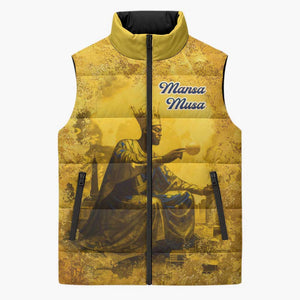 Mansa Musa Sleeveless Puffer Jacket Golden Legacy Theme Ancient Map Regal Portrait of Mali Emperor Timbuktu - African Pride