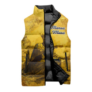 Mansa Musa Sleeveless Puffer Jacket Golden Legacy Theme Ancient Map Regal Portrait of Mali Emperor Timbuktu - African Pride