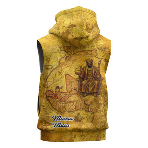 Mansa Musa Sleeveless Zip Hoodie Golden Legacy Theme Ancient Map Regal Portrait of Mali Emperor Timbuktu - African Pride