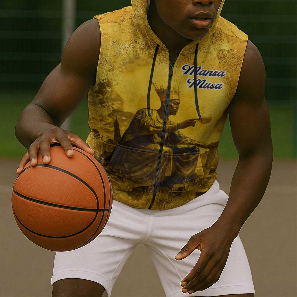 Mansa Musa Sleeveless Zip Hoodie Golden Legacy Theme Ancient Map Regal Portrait of Mali Emperor Timbuktu - African Pride