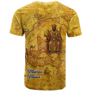 Mansa Musa T shirt Golden Legacy Theme Ancient Map Regal Portrait of Mali Emperor Timbuktu - African Pride