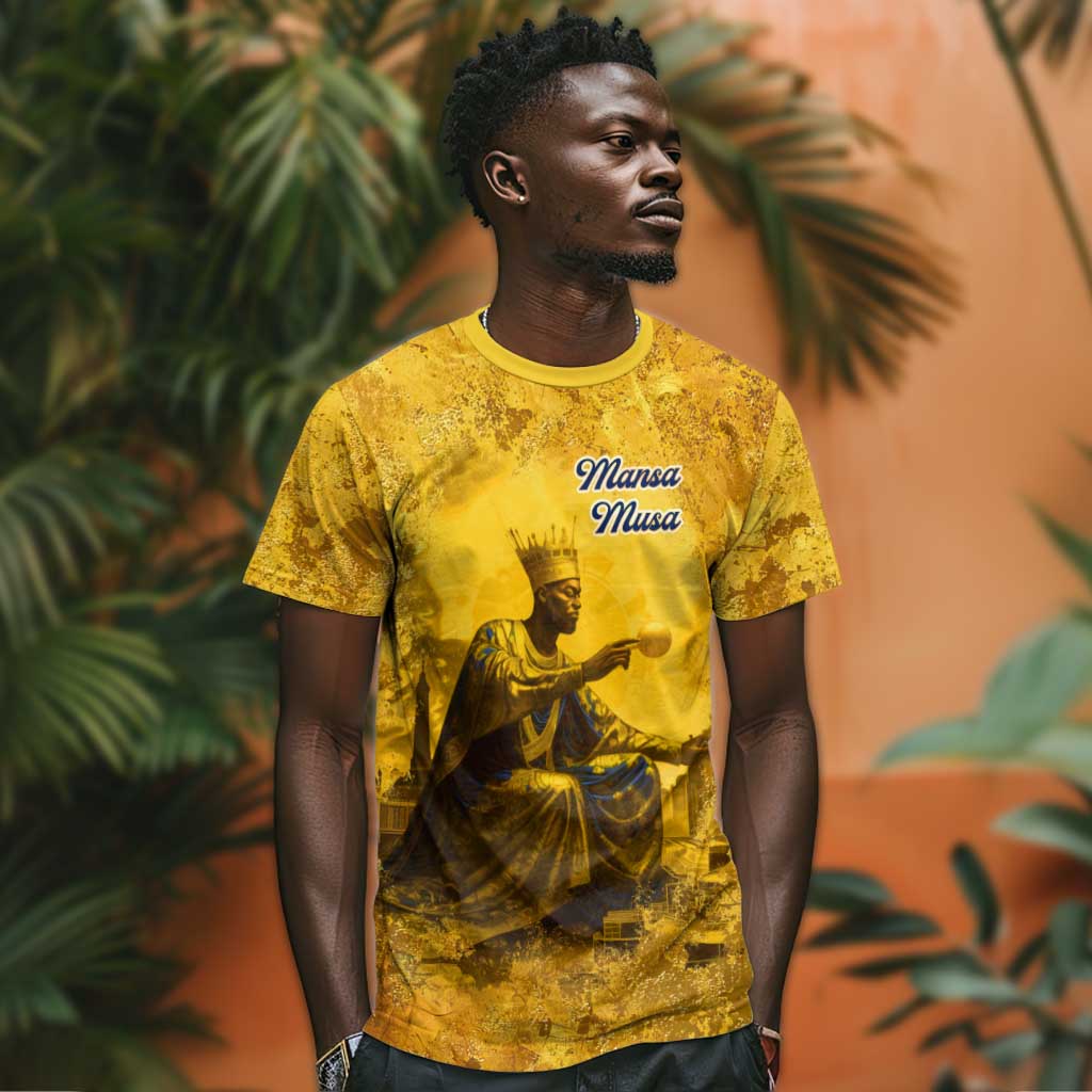 Mansa Musa T shirt Golden Legacy Theme Ancient Map Regal Portrait of Mali Emperor Timbuktu - African Pride