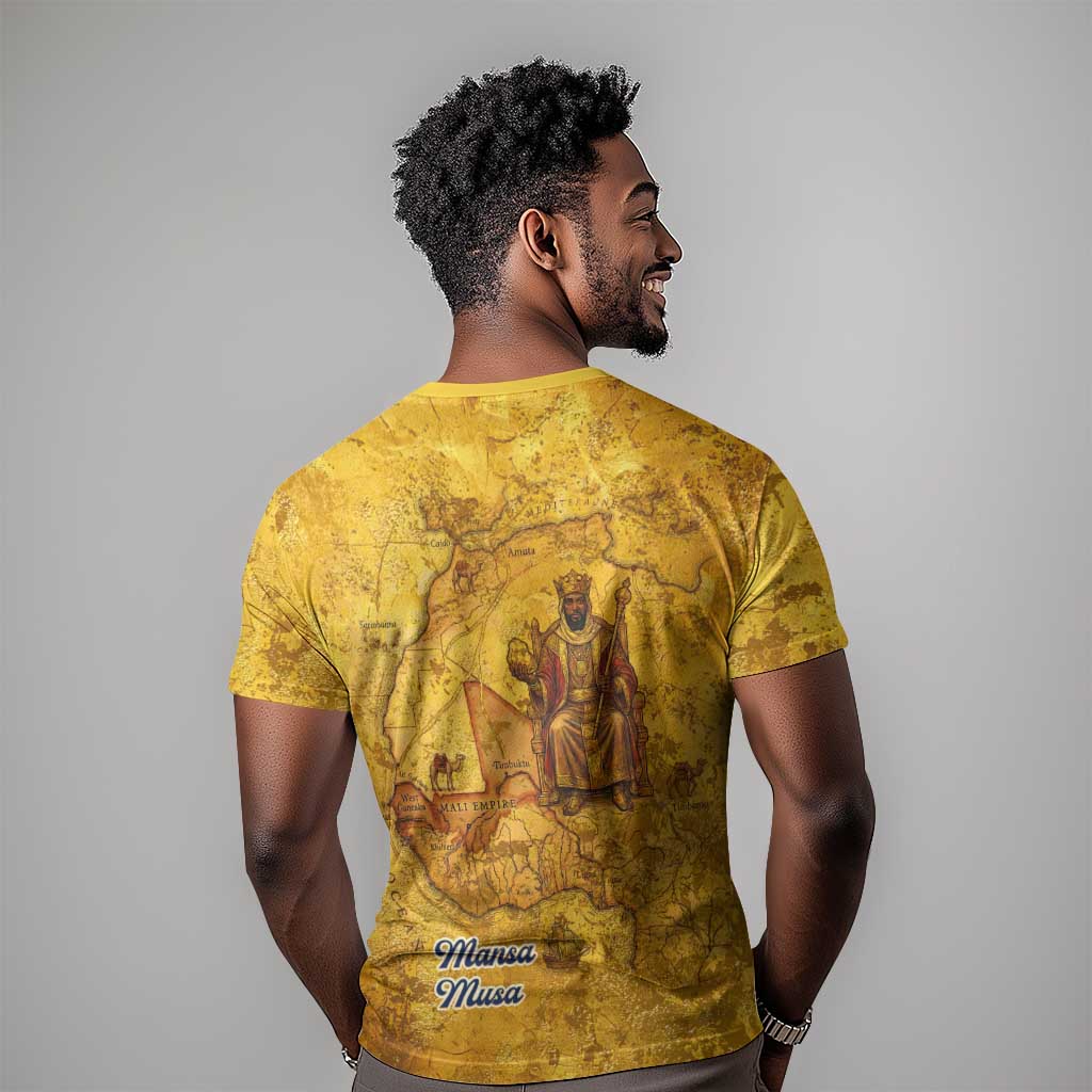 Mansa Musa T shirt Golden Legacy Theme Ancient Map Regal Portrait of Mali Emperor Timbuktu - African Pride