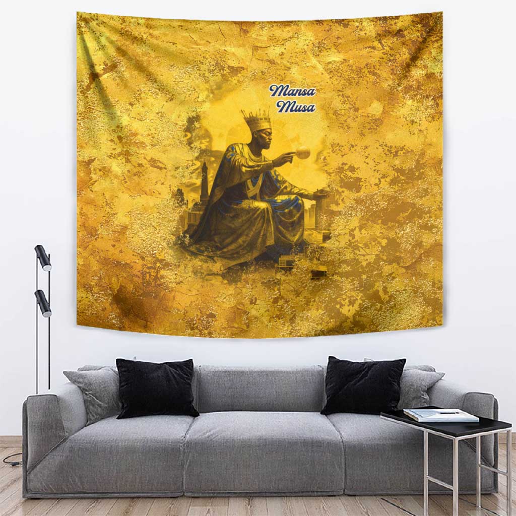 Mansa Musa Tapestry Golden Legacy Theme Ancient Map Regal Portrait of Mali Emperor Timbuktu - African Pride