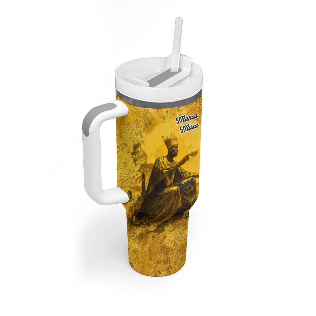 Mansa Musa Tumbler With Handle Golden Legacy Theme Ancient Map Regal Portrait of Mali Emperor Timbuktu - African Pride